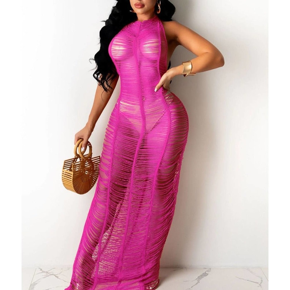 Women Bikini Cover Up Hollow Out Tassel  Summer See-through Cover Up Beachwear
